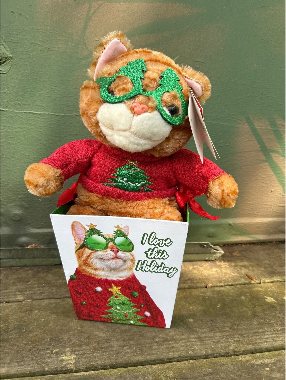 Avanti Holiday Plush Cat in Red Sweater with Green Glitter Glasses